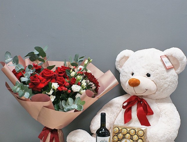 Set of: Bouquet of red roses and white eustoma, Bear 1 h=100 cm, chocolates, and Purcari wine photo